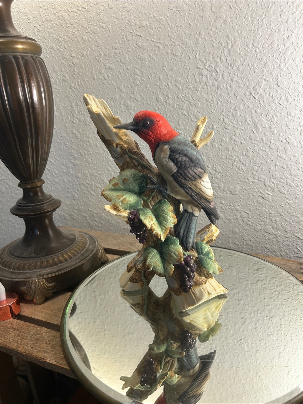 Decorative Red-Headed Bird Figurine on Branch - Green/Red
